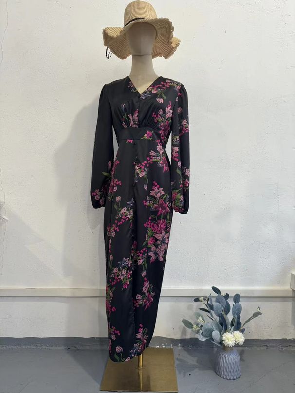 Women's Clothing Slim Fit Maxi Dress V Neck Printed Long Sleeve Elegant Summer New Slit Design Retro Style For Women_ecoleips.com