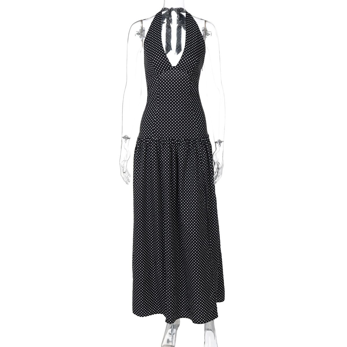Summer Sexy V-Neck Halter Neck Women's Dress European American Style Tie Backless Polka Dot New 2025_ecoleips.com