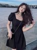 Elegant Hepburn Style Little Black Dress For Women, Summer New French Retro Square Neck Puff Sleeve Waist-Cinching_ecoleips.com
