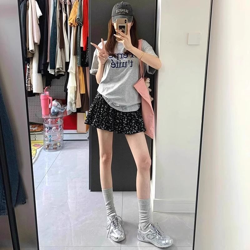 ng2510292 Black Floral Print Midi For Women, Summer Thin High Waist A-Line Slimming Design Cake Skirt, Petite Chiffon Short Skirt_ecoleips.com
