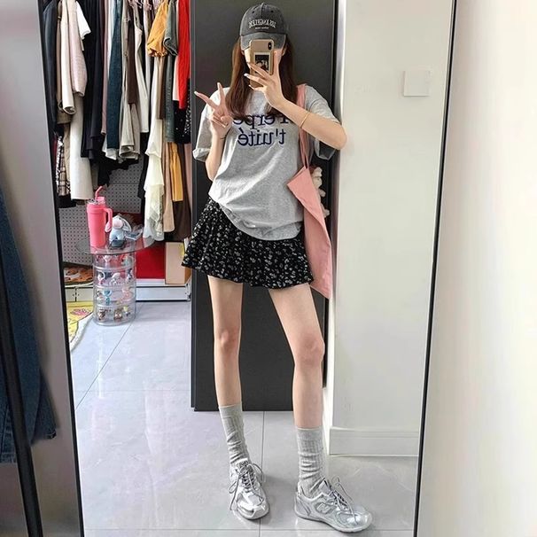 ng2510292 Black Floral Print Midi For Women, Summer Thin High Waist A-Line Slimming Design Cake Skirt, Petite Chiffon Short Skirt_ecoleips.com