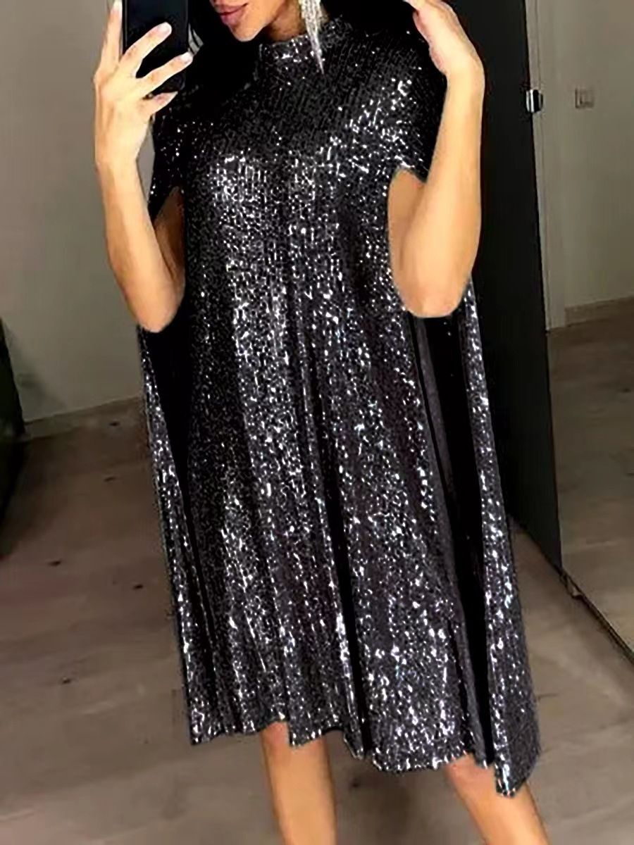 Sparkling A-Line Shift Dress With Batwing Sleeves For Women | Comfortable Loose Fit Party & Evening Wear_ecoleips.com