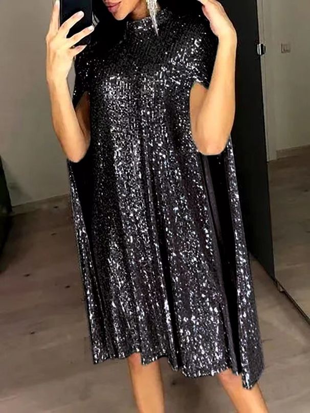 Sparkling A-Line Shift Dress With Batwing Sleeves For Women | Comfortable Loose Fit Party & Evening Wear_ecoleips.com