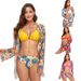 European American Style Bikini Swimsuit Amazon Best Selling Three Piece Deep V Neck Printed Cover up Sexy Vacation Polyester_ecoleips.com