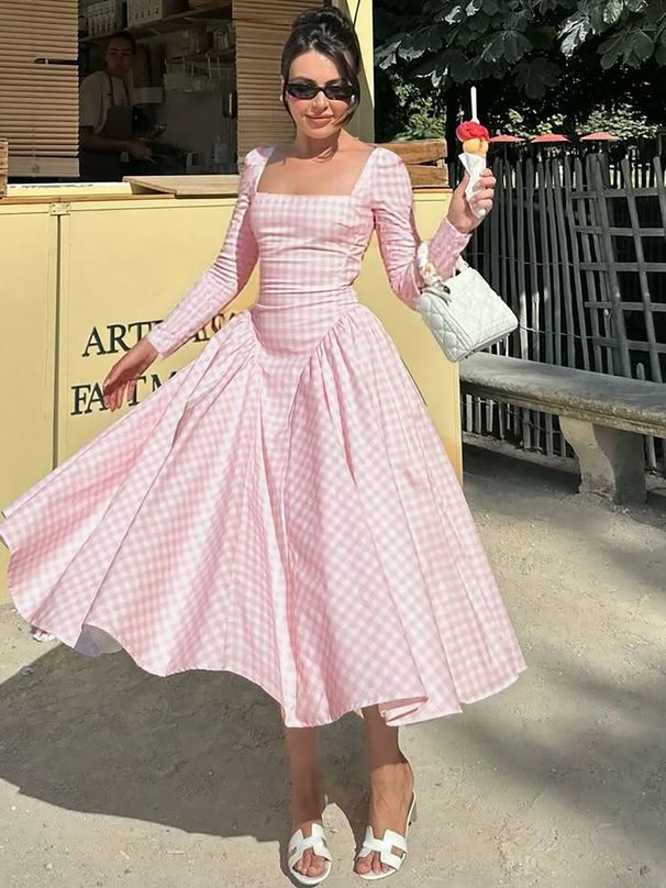 Hugcitar Elegant Plaid Print Long Sleeve Pleated Sexy Slim Midi Dress Autumn Women Fashion Clothes Birthday Party Festival_ecoleips.com