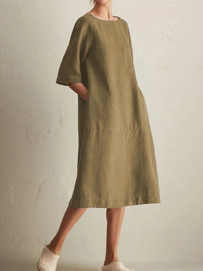 Plus Size Boho Pocket Dress – Breathable Linen-Blend Midi Dress With 3/4 Sleeves (Khaki/Burgundy/Gray/Black, S-4XL)_ecoleips.com