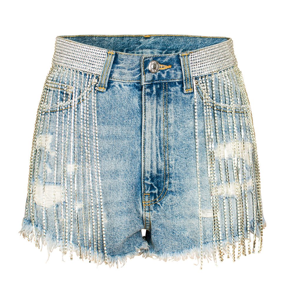 Women's Clothing Nightclub Tassels Showing Wide Legs, High Waist, Heavy Industry, Trendy Diamond Chain Denim Shorts For Women_ecoleips.com