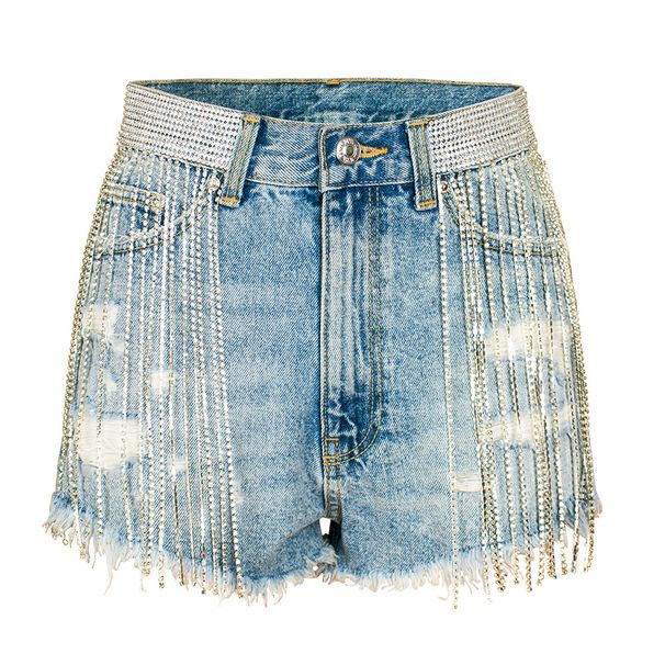 Women's Clothing Nightclub Tassels Showing Wide Legs, High Waist, Heavy Industry, Trendy Diamond Chain Denim Shorts For Women_ecoleips.com