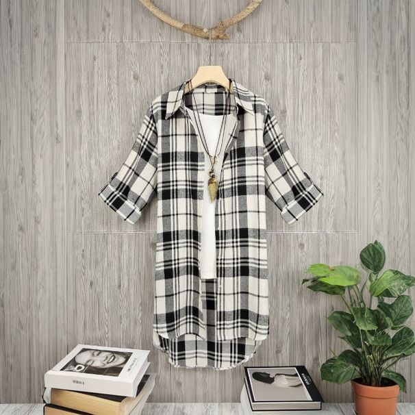 Large Size Women's Spring Loose-Fitting Medium-Length Cardigan With Long Sleeves, Turned-Down Collar, Checkered Shirt_ecoleips.com