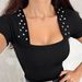 Women Fashion Temperament Square Neck Solid Color Rhinestone Embellished Slim Fit Cropped Top Dress For Ladies_ecoleips.com