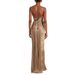 Elegant Pleated Metallic Gold Wrap Dress – High-Slit Party & Evening Gown For Women Breathable Polyester_ecoleips.com