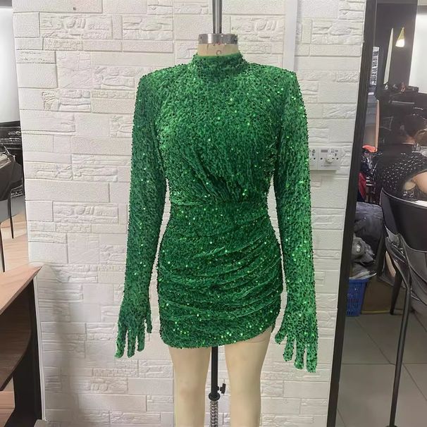 Women's Clothing New Hot Style Green Sequined Sleeves Small High Collar Dress Fashionable Party Performance Dress_ecoleips.com