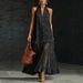 Women's Retro Denim Patchwork Long Dress Casual Sleeveless Ruffle_ecoleips.com