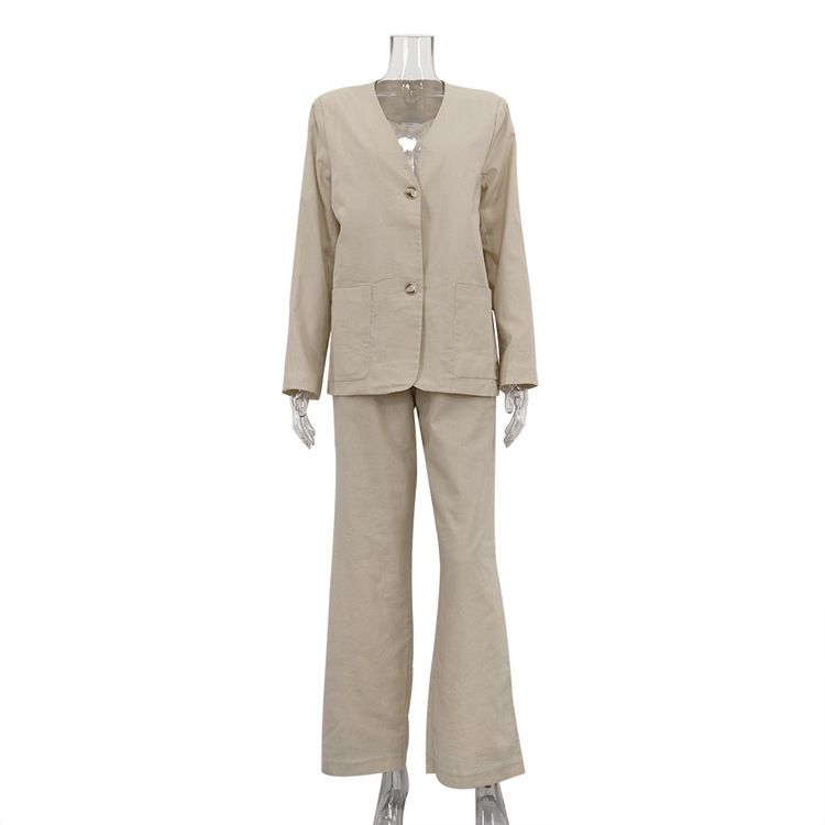 Women's Clothing New Fashion Solid Color Cotton And Linen Suit V Neck Loose Coat High Waist Wide Leg Pants Casual Two Piece Suit_ecoleips.com