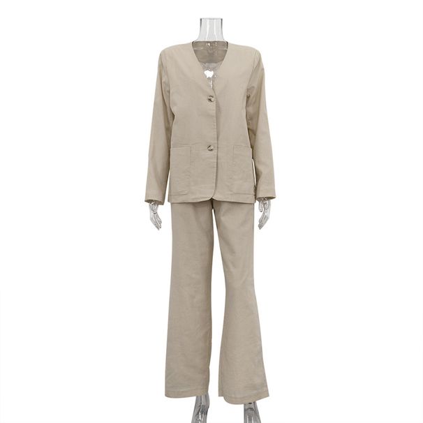 Women's Clothing New Fashion Solid Color Cotton And Linen Suit V Neck Loose Coat High Waist Wide Leg Pants Casual Two Piece Suit_ecoleips.com