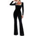 Women's Clothing Diamond Velvet Square Collar Long Sleeve High Waist Slim Flared Jumpsuit_ecoleips.com