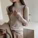Women's High Neck Long Sleeve T-Shirt Autumn Winter Faux Cashmere German Velvet Design Base Layer Straight Shoulder mid Neck_ecoleips.com