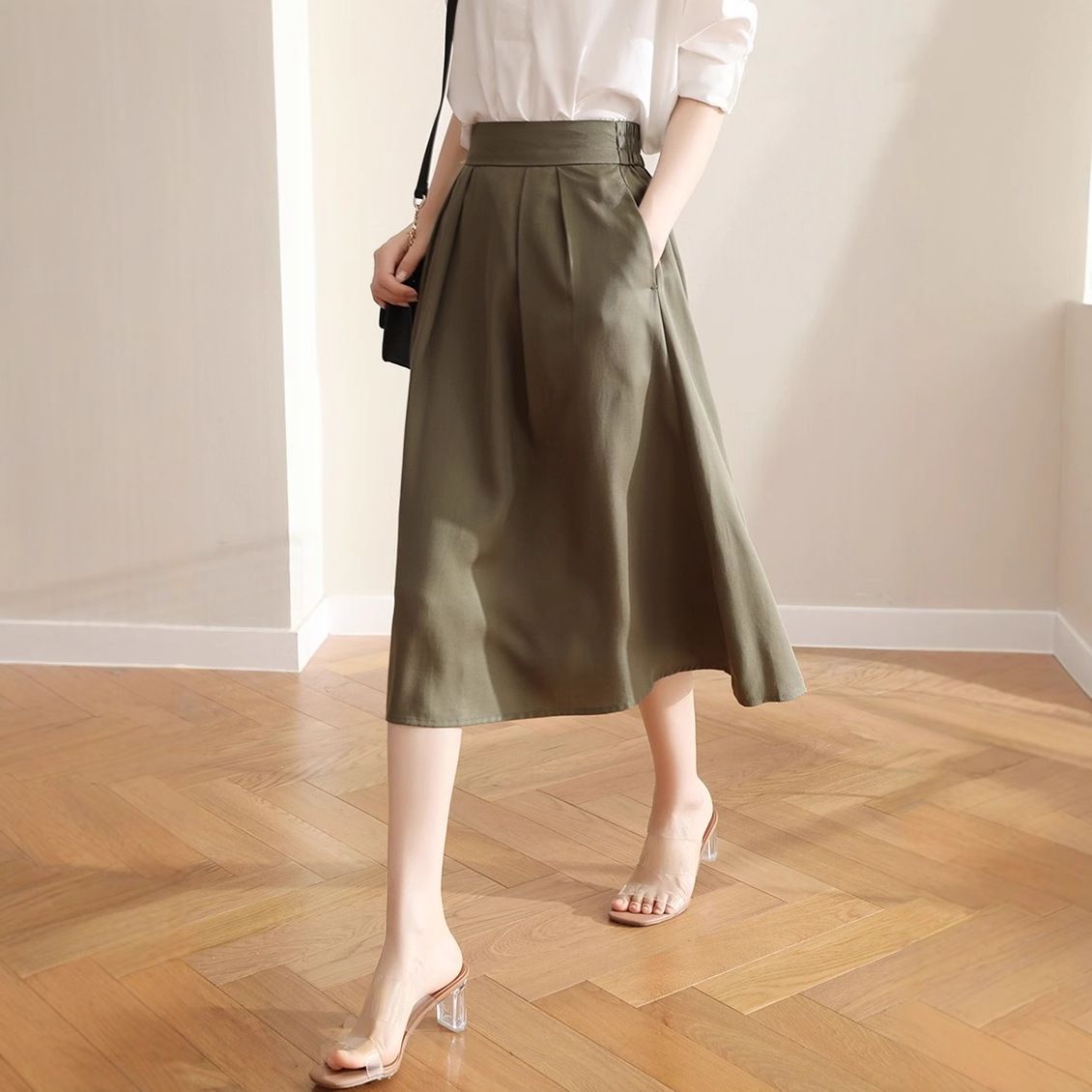 Tencel Skirt Women Fashion Temperament Feminine High Quality Elastic Waist Slim Solid Color A Line Skirt_ecoleips.com
