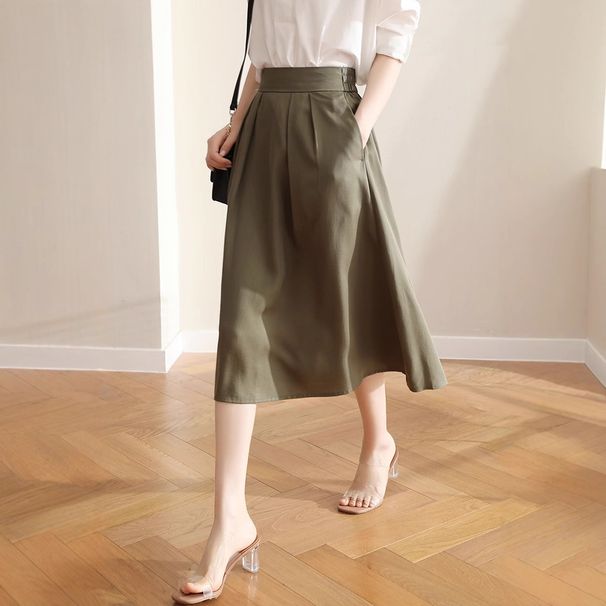 Tencel Skirt Women Fashion Temperament Feminine High Quality Elastic Waist Slim Solid Color A Line Skirt_ecoleips.com