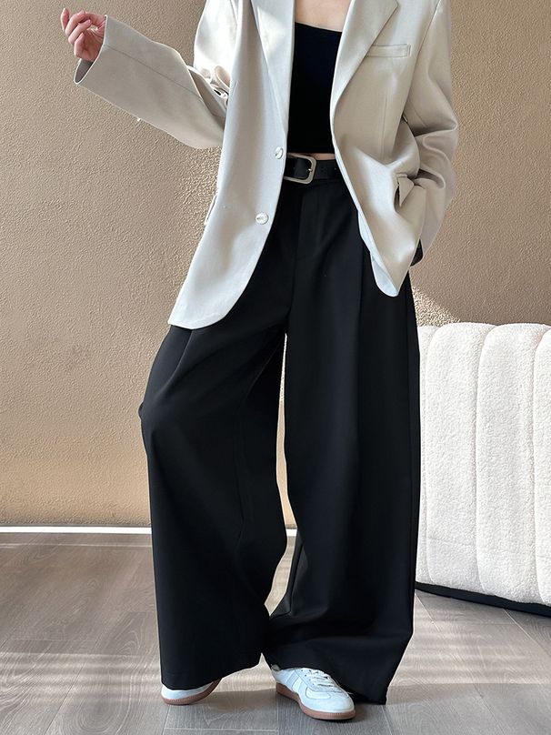 K New Design Versatile High Waist, Floor Dragging, Wrinkled Wide Leg Pants. No Belt_ecoleips.com