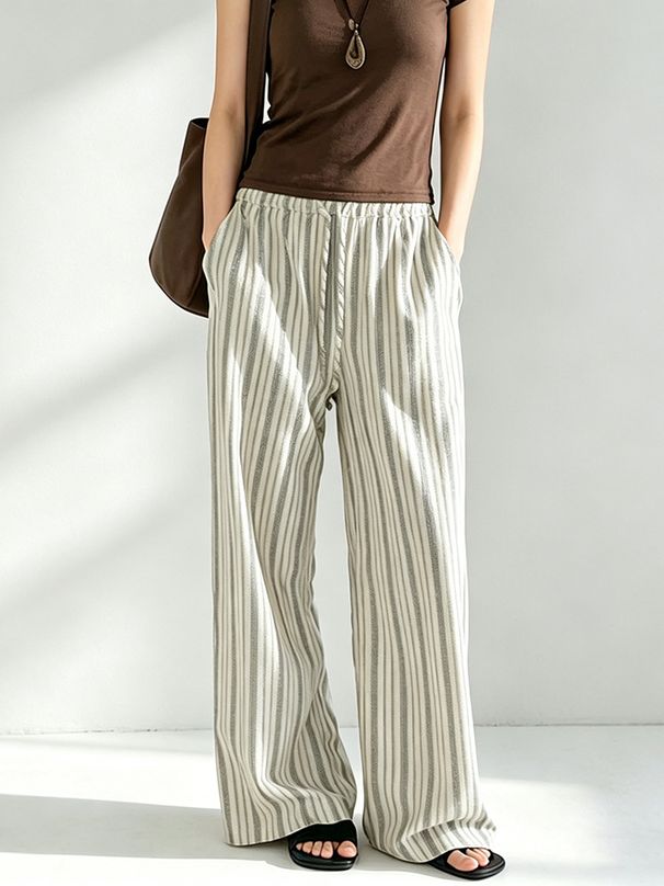 Women's Relaxed Linen Casual Pants Loose Straight Leg Elegant Breathable Cotton Wide Leg Striped Long Spring Summer_ecoleips.com
