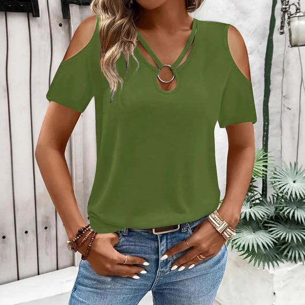 Women's Clothing New Wish Solid Color Loose Front Chest V Neck Off Shoulder Short Sleeved T Shirt Women's Clothing_ecoleips.com