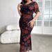 Rose Print Bodycon Dress – Flattering Waist Definition, Elegant & Sexy Summer Dress For Women (0XL-4XL, Plus Size Friendly, Red)_ecoleips.com