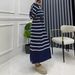 Elegant Modest Dress For Muslim Women - Long Sleeve High Waist Maxi Dress With Striped Knit Fabric, Crew Neck & Drawstring Detail (Navy Blue, S/M/L)"_ecoleips.com