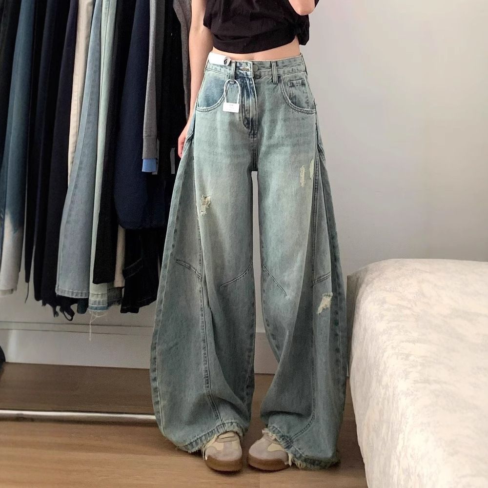 Women's High-Waisted Wide Leg Jeans Retro Washed Distressed Scimitar Design Straight Leg Floor-Length Summer Jeans_ecoleips.com