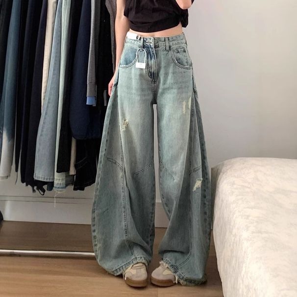 Women's High-Waisted Wide Leg Jeans Retro Washed Distressed Scimitar Design Straight Leg Floor-Length Summer Jeans_ecoleips.com
