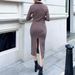 Women's Knit Dress Autumn New Arrival Polo Collar Pleated Waist Irregular Slit Striped Long Sleeve Dress_ecoleips.com