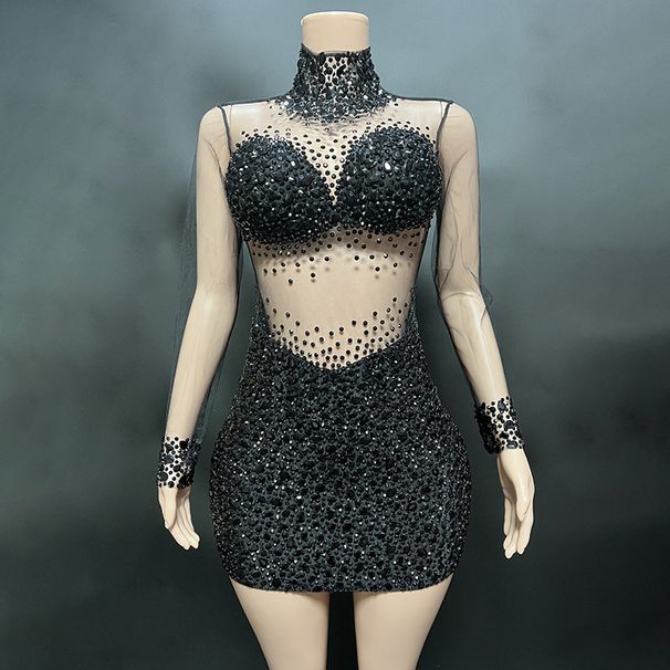 Women's Clothing Apricot Diamond Sexy See Through Mesh Mid Neck Zippered Slim Short Dress_ecoleips.com