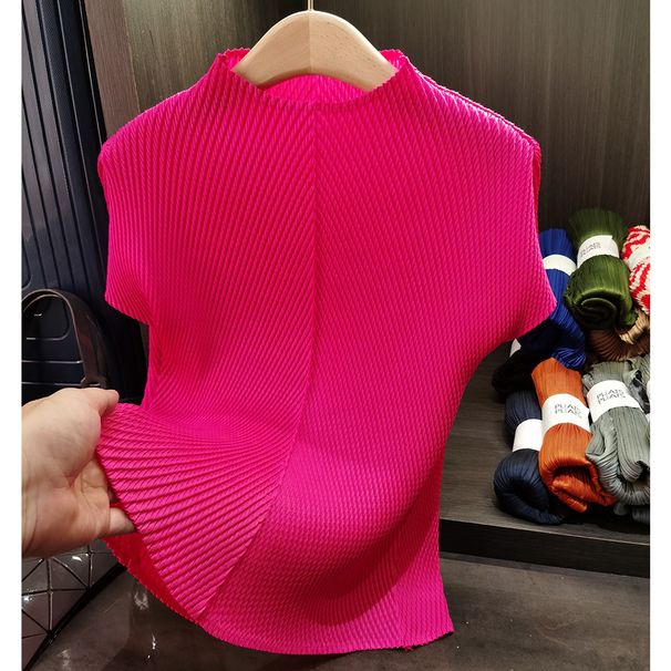 Women's Clothing Stand Up Collar Solid Color Dragon Scale Pleated Top High End Versatile Slimming Short Sleeved T Shirt_ecoleips.com