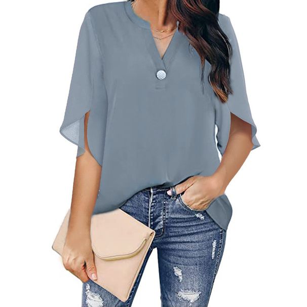 Women's Short Sleeve Elegant Casual Solid Color V-Neck Chiffon Blouse 2025 New Style_ecoleips.com