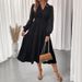 Elegant V-Neck Lace Long Sleeve Dress – Sweet & Sophisticated Solid Color Midi Dress For Women (S-XL, Black)_ecoleips.com