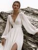 Elegant V-Neck Long Sleeve Chiffon Wedding Dress With Small Train – Boho Beach Bridal Gown For Photoshoot, Flattering High Waist(US2-26W, Ivory/White)_ecoleips.com