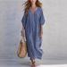 Fashionable Casual Long Dress Striped V Neck Loose Fitting Women's Clothing For American Styles Stylish Relaxed Vacation Wear_ecoleips.com