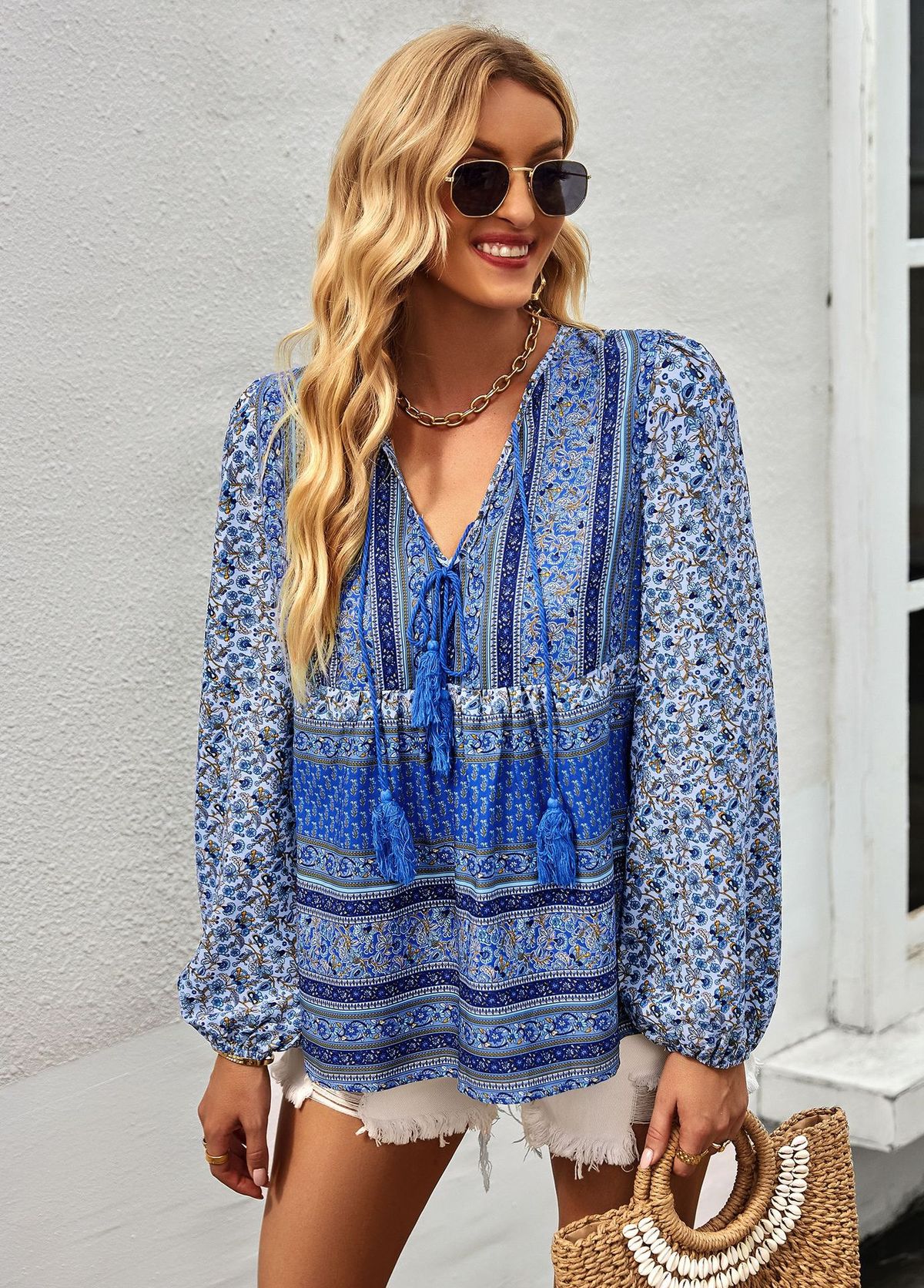 Bohemian Vacation Blouse – V-Neck Flowy Printed Shirt With Tassel Details (Blue/Green, S-Xl) Flattering V-Neck_ecoleips.com
