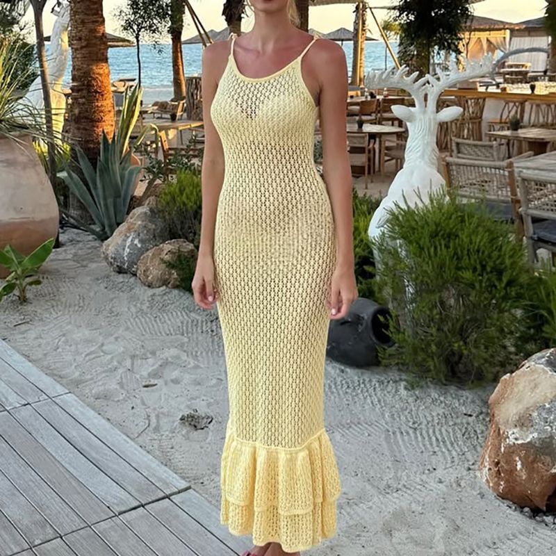 Sexy Off Shoulder Bow Tie Up Suspender Dress Elegant Sleeveless Hollow Slim Knitted Dress Fashion Ruffle Edge Solid Long Dress_ecoleips.com