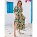 Cross-border Real-shot Rayon Printed Ruffle Batwing Sleeve V-neck Waist-cinching Bohemian Dress_ecoleips.com