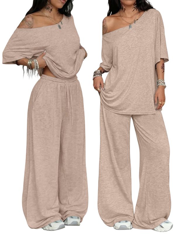 Women's Clothing Spring/Summer Women's Casual Wide Leg Pants Suit Solid Color Sports Two Piece Loose Trousers_ecoleips.com
