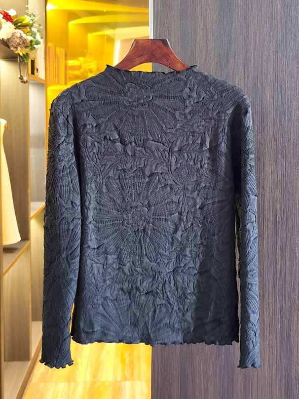 Women's Clothing Stand Collar Long Sleeve T Shirt Pleated Top_ecoleips.com