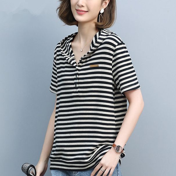 A Trendy, Fashionable Striped Hooded Short-Sleeved Top For Summer 2026 Perfect For Casual Wear, Large Sizes, And Helpi_ecoleips.com