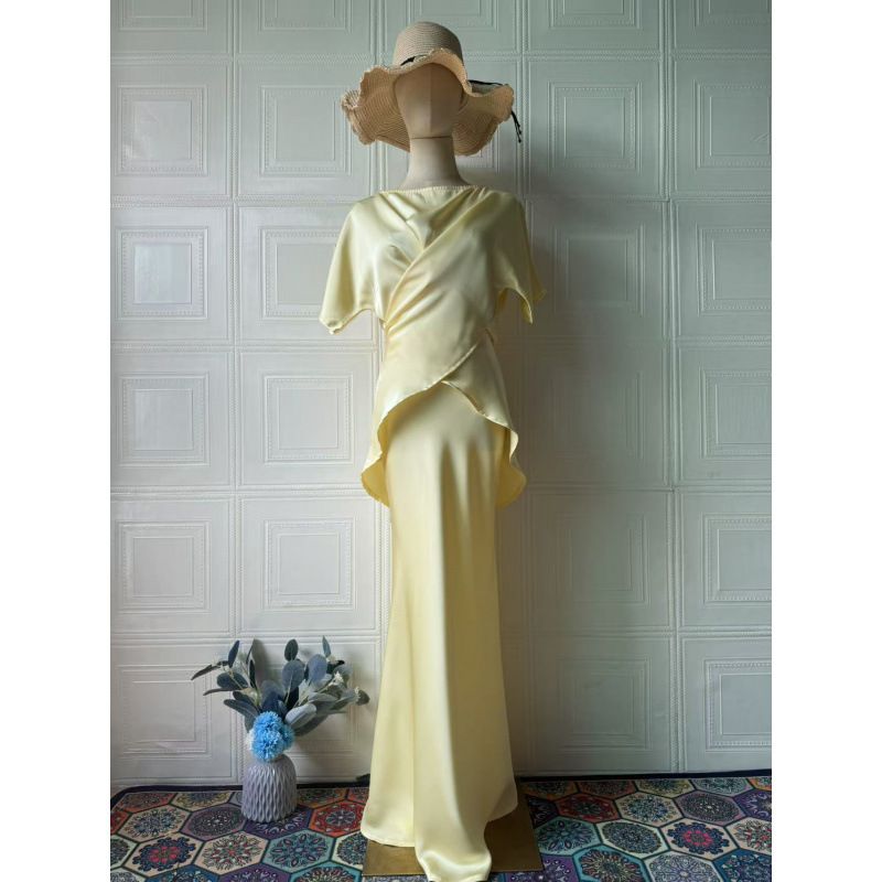 Elegant Off-Shoulder Midi Dress Set – Sexy Ruffle Hem & Wrap Waist Two-Piece Outfit (S-XXL, Butter Yellow)_ecoleips.com
