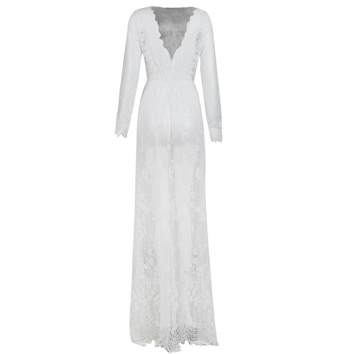 Women's Clothing Sexy Deep V-Neck Lace Maxi Dress – Long Sleeve See-Through Fitted Evening Gown For Women_ecoleips.com
