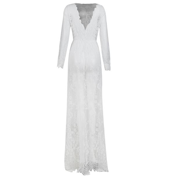 Women's Clothing Sexy Deep V-Neck Lace Maxi Dress – Long Sleeve See-Through Fitted Evening Gown For Women_ecoleips.com