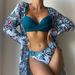 Women's Clothing Fashion Sexy Multi Color Printed Mesh Blouse Female Split Bikini Bikini Three Piece Set_ecoleips.com