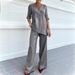 Women's Casual Cotton Linen Top And Straight Leg Trousers Set Solid Color V Neck Mid Sleeve Autumn Wear_ecoleips.com
