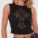 Women's round Neck Sleeveless Cropped Vest Top Cross Embroidery Rhinestone Pattern New Cross Border Clothing 2025_ecoleips.com