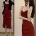French Style Mid-Length Waist-Cinching Ruched Slimming Strap Dress For Women Black Long Sleeve Cardigan Two-Piece Set_ecoleips.com